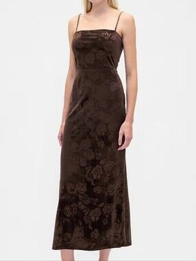 NWT - GAP Brown Floral Soft Stretch Velvet Square Neck Maxi Dress - Size L TALL